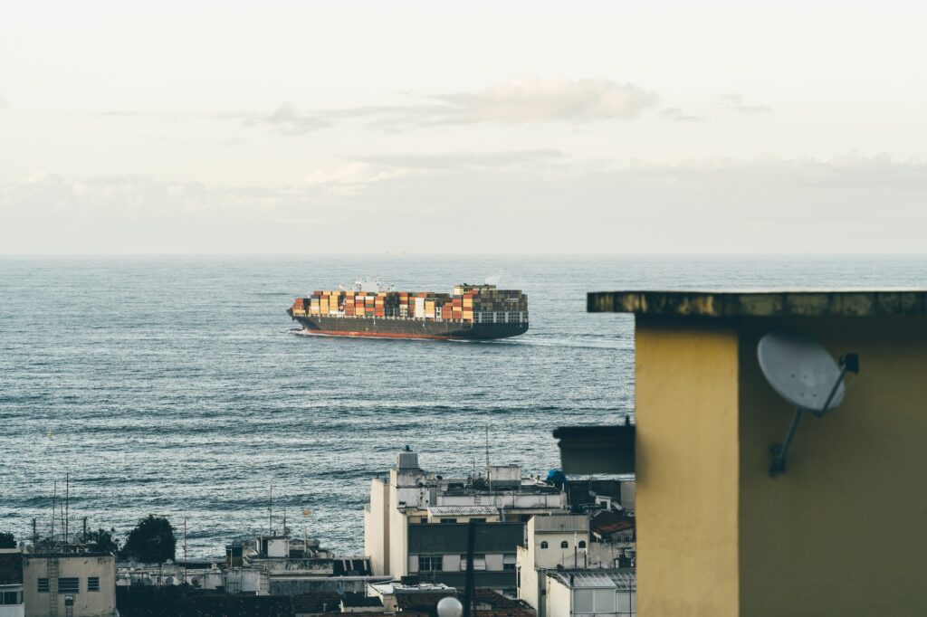 Container ship near coast